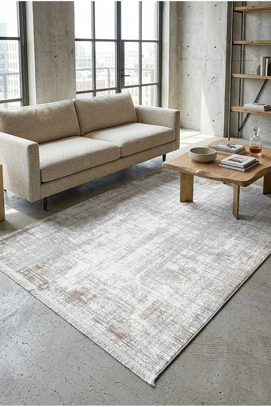 Arvessa MD02 Krem Gri Bej Soyut Desenli Polyester Halı - Görsel 1