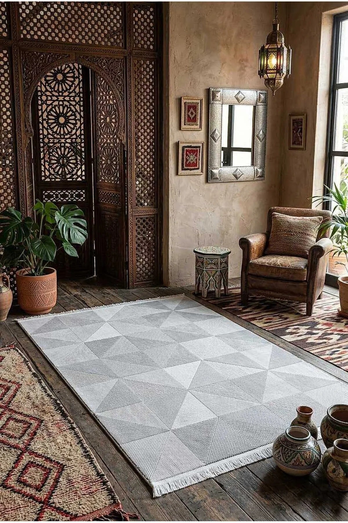 Arvessa MD04 Krem Gri Geometrik Desenli Polyester Halı - Görsel 2