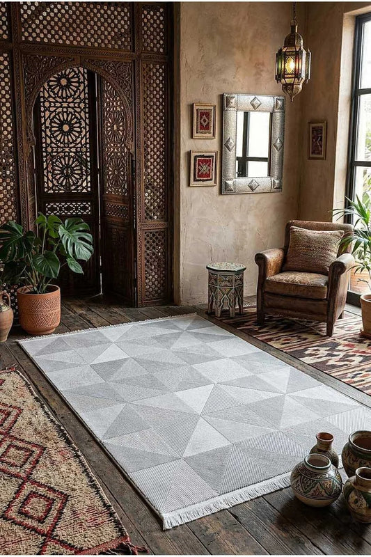 Arvessa MD04 Krem Gri Geometrik Desenli Polyester Halı - Görsel 2