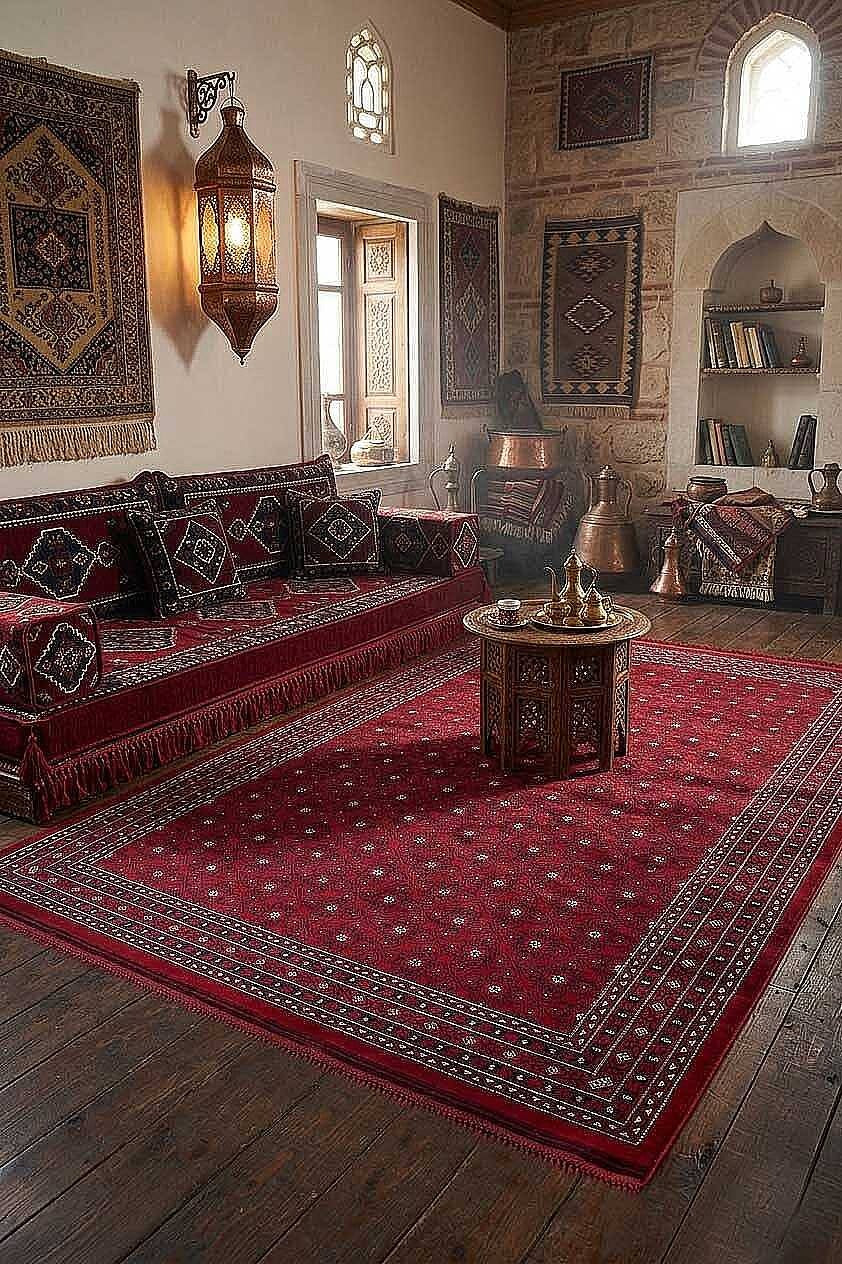 Bilicik BC02 Kırmızı Lacivert Küçük Motifli Yıkanabilir Viskon Halı - Görsel 2