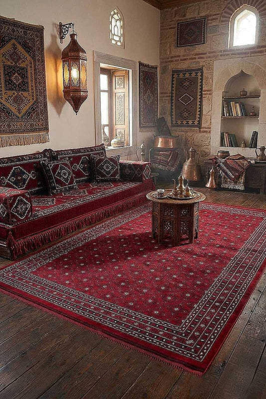 Bilicik BC02 Kırmızı Lacivert Küçük Motifli Yıkanabilir Viskon Halı - Görsel 2