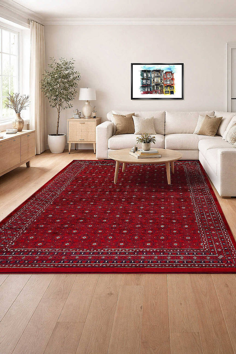 Bilicik BC02 Kırmızı Lacivert Küçük Motifli Yıkanabilir Viskon Halı - Görsel 4