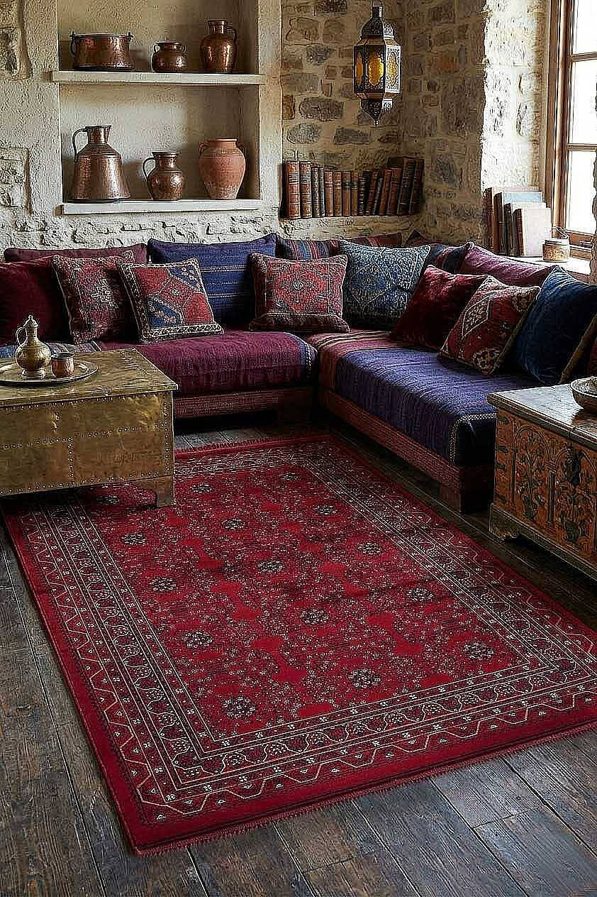 Bilicik BC03 Kırmızı Lacivert Geometrik Motifli Yıkanabilir Viskon Halı - Görsel 2