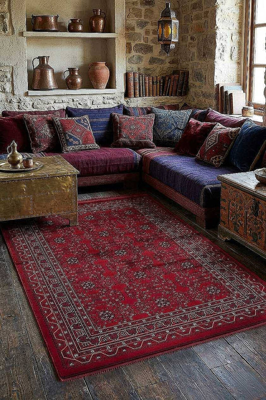Bilicik BC03 Kırmızı Lacivert Geometrik Motifli Yıkanabilir Viskon Halı - Görsel 2