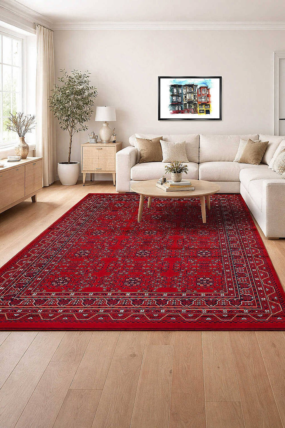 Bilicik BC03 Kırmızı Lacivert Geometrik Motifli Yıkanabilir Viskon Halı - Görsel 4