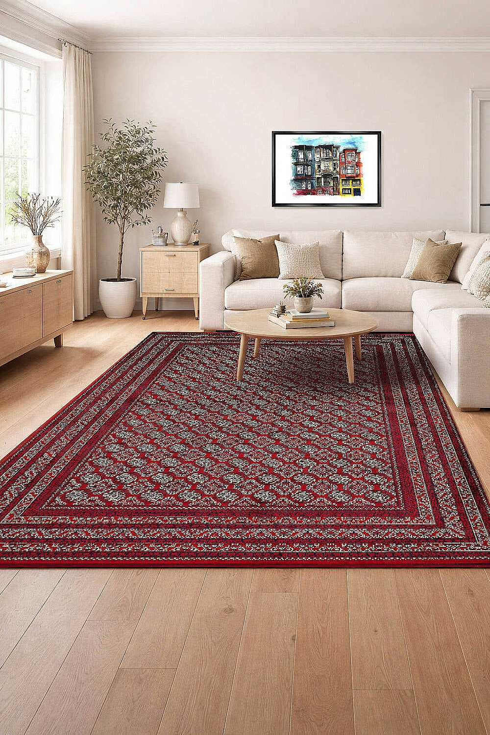 Bilicik BC05 Kırmızı Krem Madalyon Motifli Yıkanabilir Viskon Halı - Görsel 2
