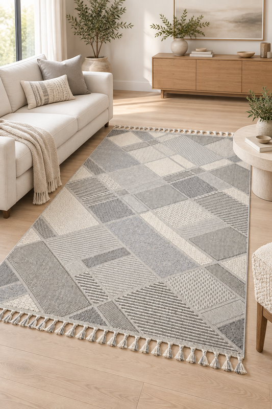 Virella VİR03 Gri Ekru Geometrik Desenli Polipropilen Halı - Görsel 5