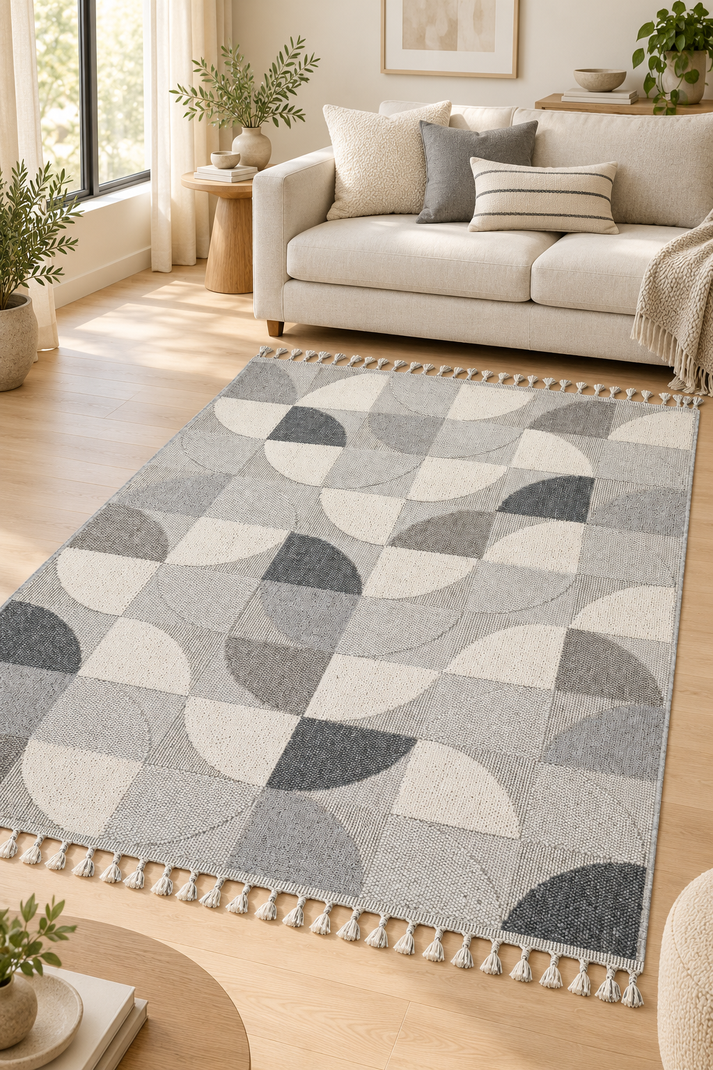 Virella VİR04 Gri Ekru Geometrik Desenli Polipropilen Halı - Görsel 1