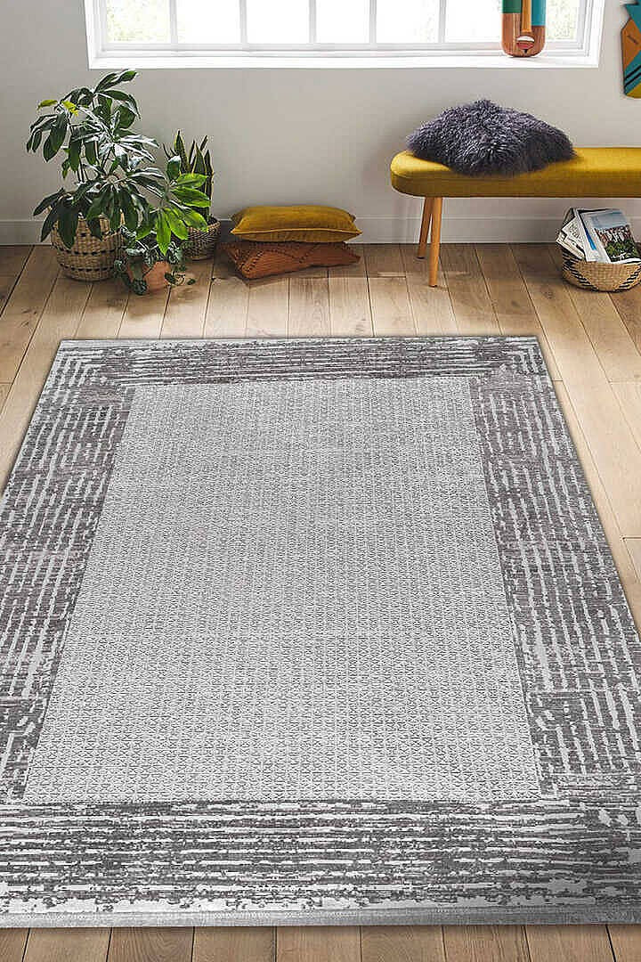 Zunara PM010 Gri Ekru Bordürlü Geometrik Desenli Halı - Görsel 1