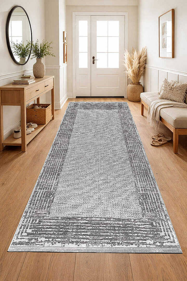 Zunara PM010 Gri Ekru Bordürlü Geometrik Desenli Halı - Görsel 5