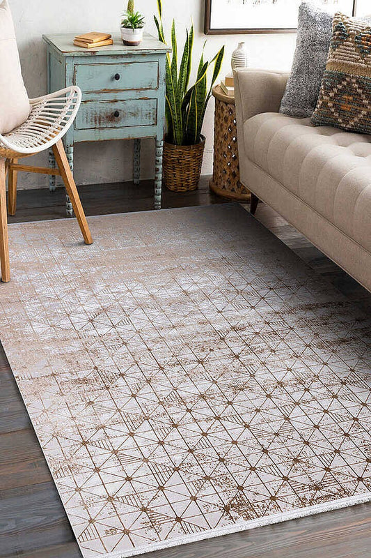 Zunara PM08 Bej Ekru Geometrik Eskitme Desenli Halı - Görsel 5