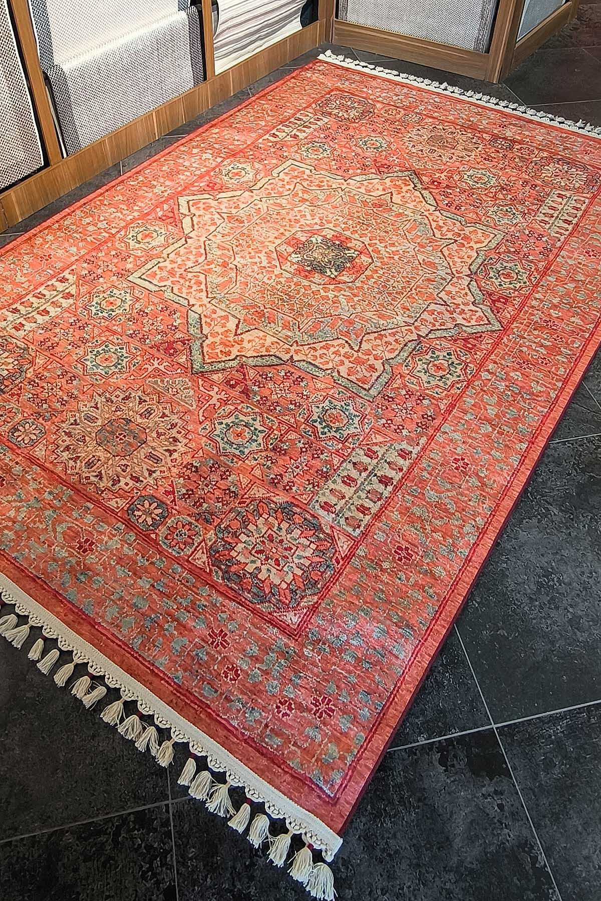 TD1115-00 Kiremit Krem Eskitme Yıkanabilir Dijital Baskı Halı — Görsel 4