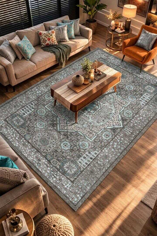 TD1115-01 Gri Mavi Eskitme Yıkanabilir Dijital Baskı Halı — Görsel 1