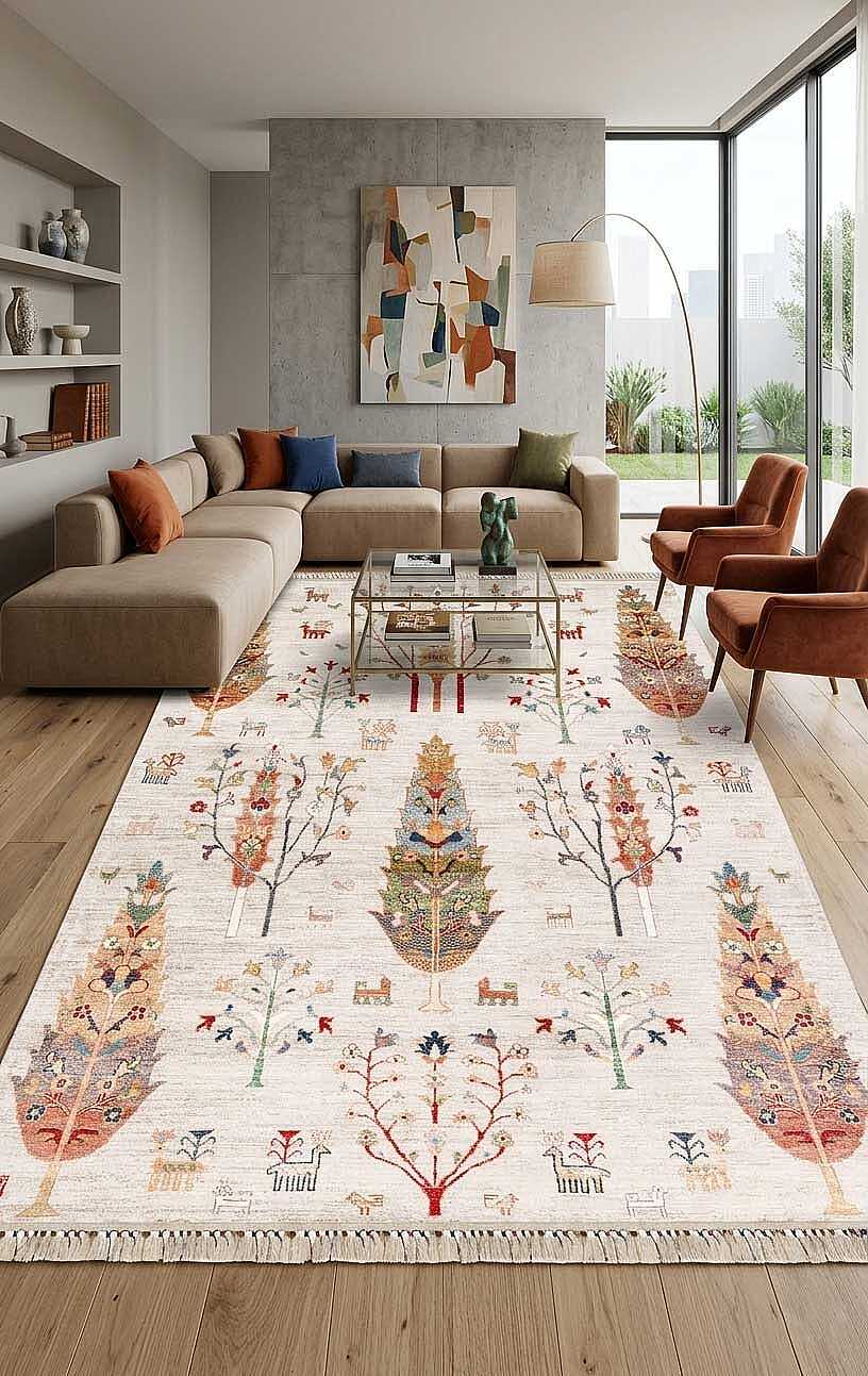 TD1119-01 Renkli Ağaç Motifli Yıkanabilir Dijital Baskı Halı — Görsel 1
