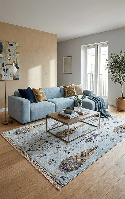 TD1119-02 Mavi Doğa Motifli Yıkanabilir Dijital Baskı Halı — Görsel 1