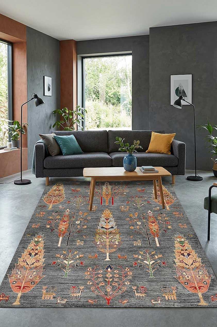 TD1119-03 Antrasit Doğa Motifli Yıkanabilir Dijital Baskı Halı — Görsel 1