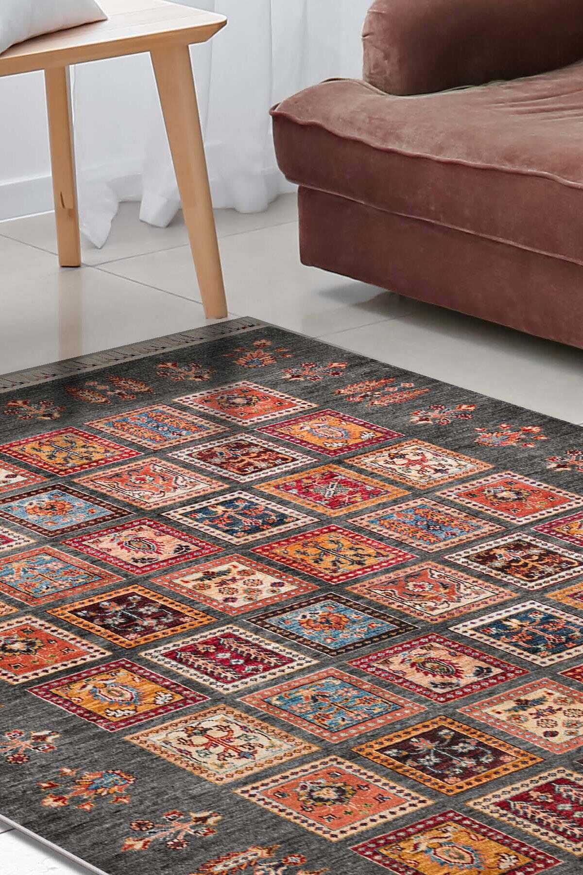 TD1125-00 Antrasit Renkli Patchwork Yıkanabilir Dijital Baskı Halı — Görsel 3