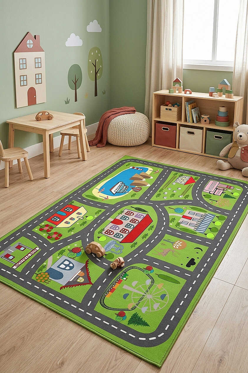 TD1665-01 Yeşil Yol Haritalı Yıkanabilir Dijital Baskı Çocuk Halısı — Görsel 1