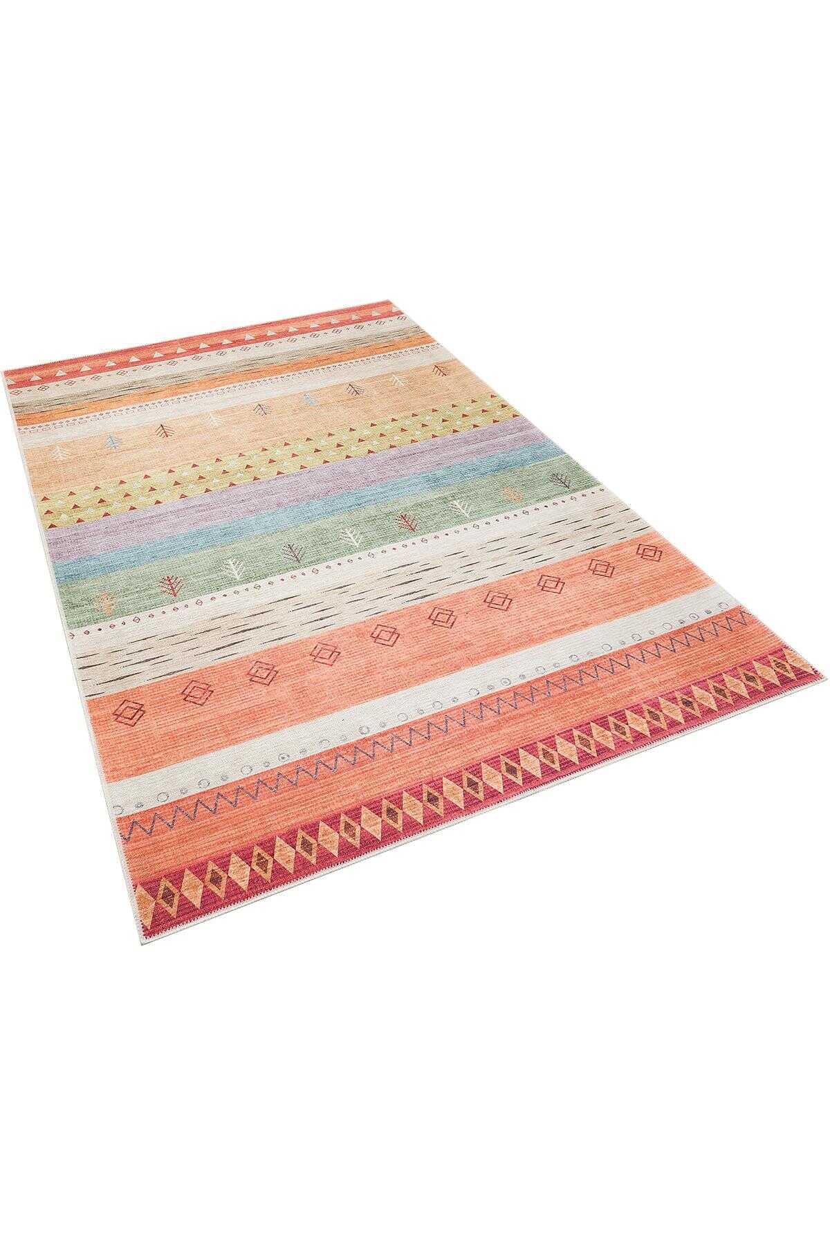 TD1674-00 Renkli Çizgili Kilim Motifli Yıkanabilir Dijital Baskı Halı — Görsel 4