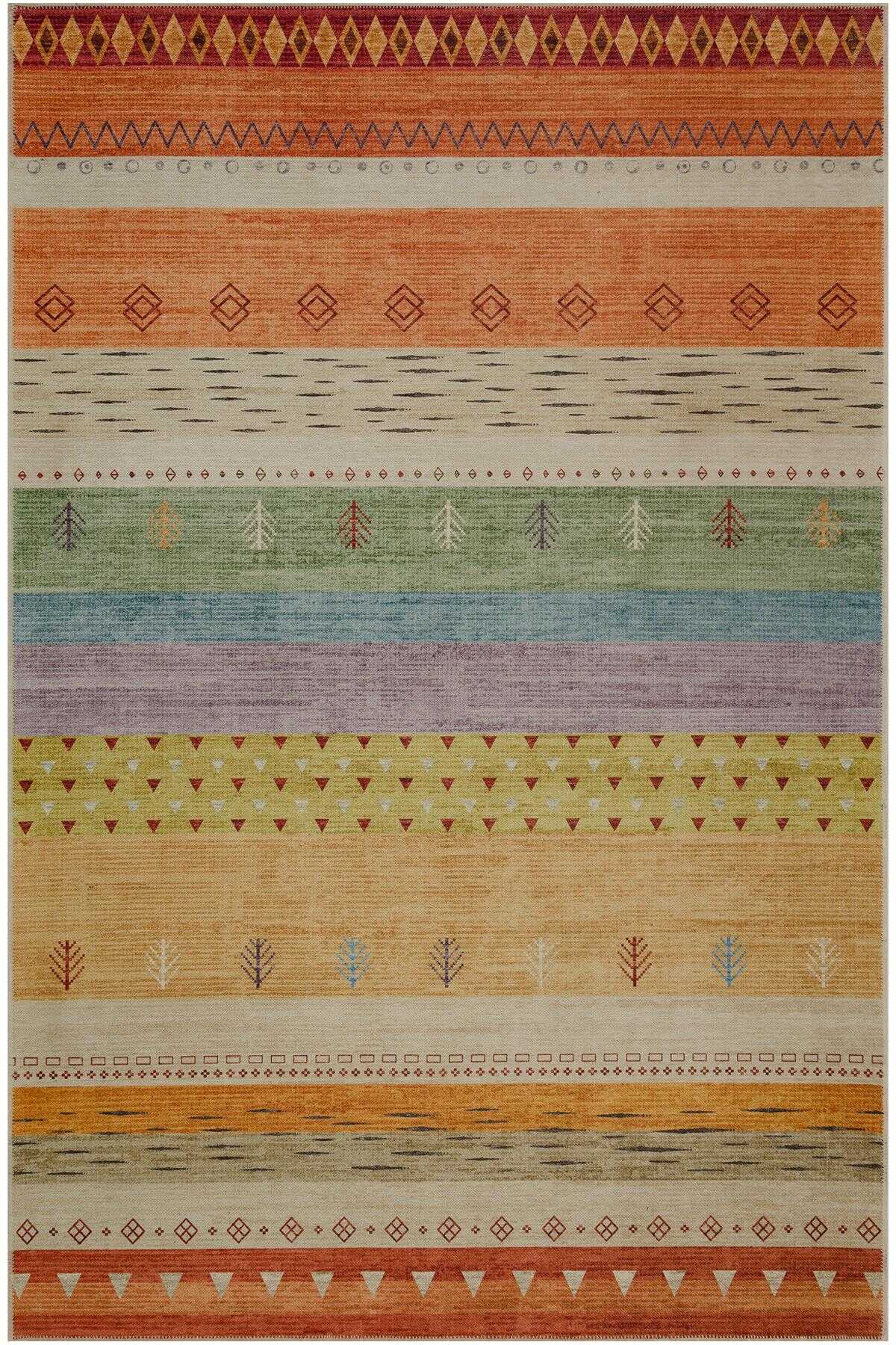 TD1674-00 Renkli Çizgili Kilim Motifli Yıkanabilir Dijital Baskı Halı — Görsel 5