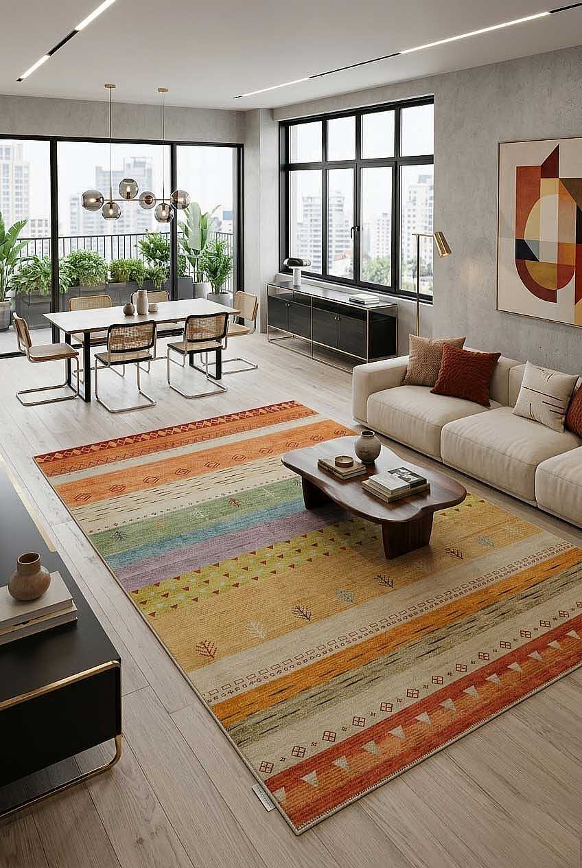 TD1674-00 Renkli Çizgili Kilim Motifli Yıkanabilir Dijital Baskı Halı — Görsel 1