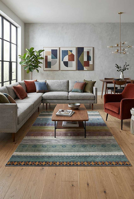 TD1674-01 Turkuaz Kilim Motifli Yıkanabilir Dijital Baskı Halı — Görsel 1