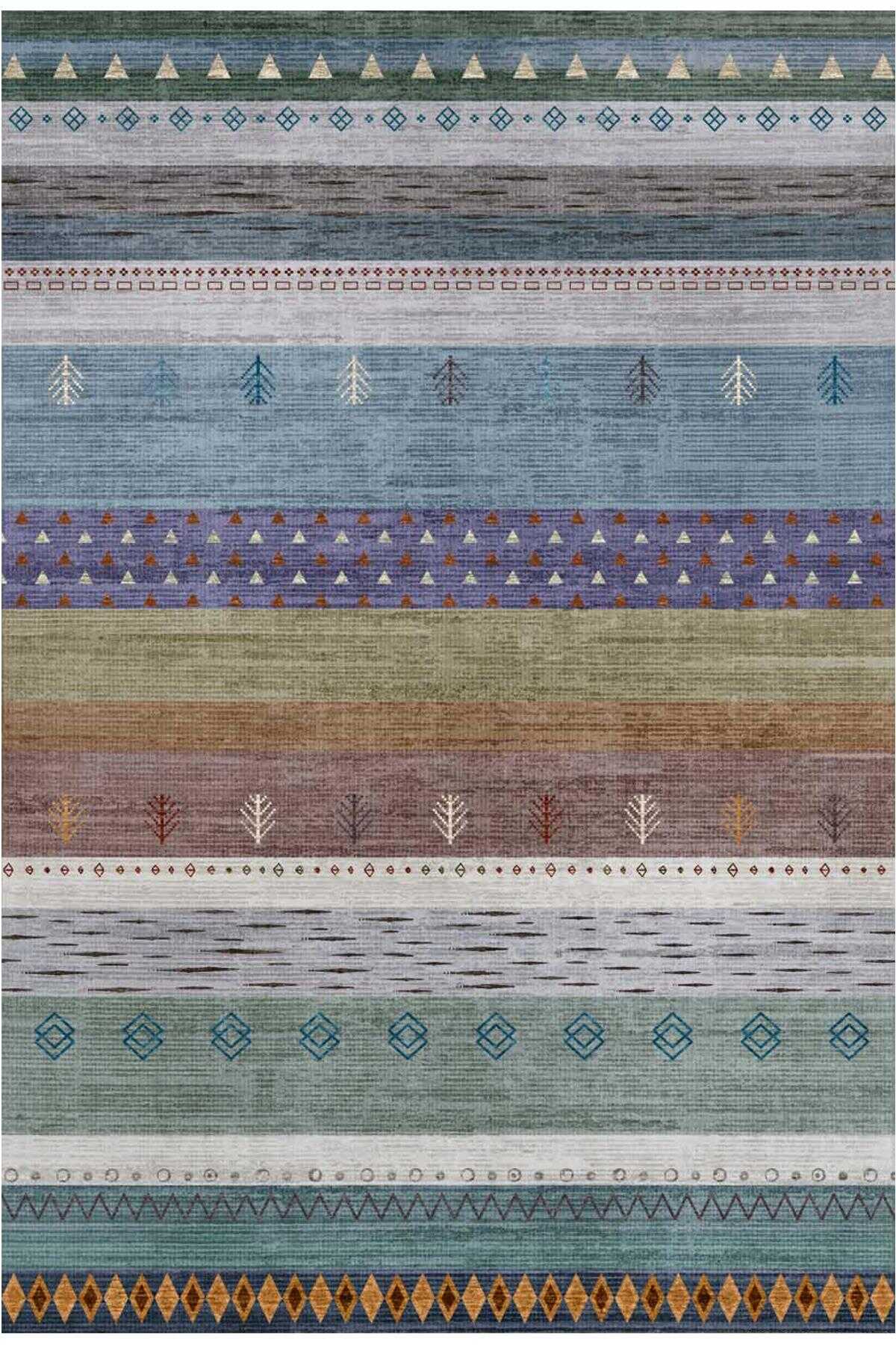 TD1674-01 Turkuaz Kilim Motifli Yıkanabilir Dijital Baskı Halı — Görsel 2
