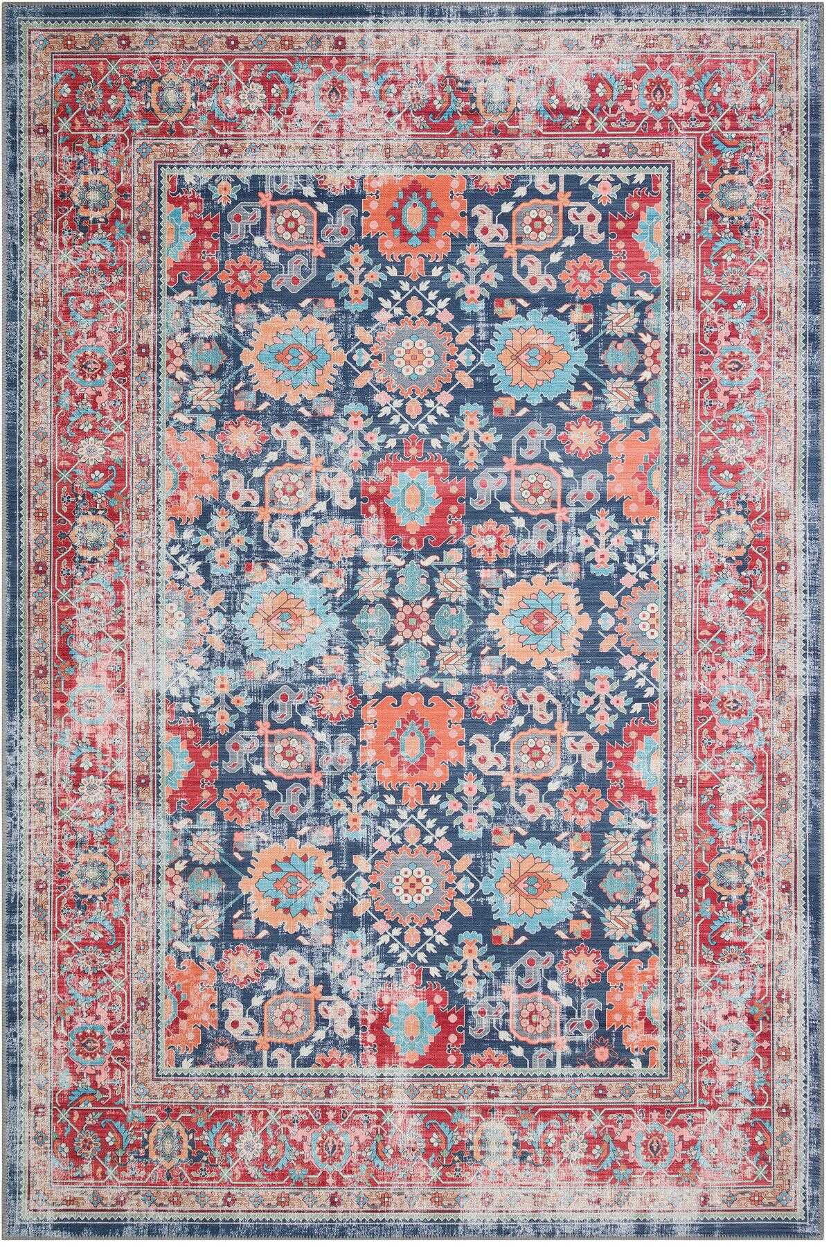 TD1679-00 Lacivert Pembe Çiçekli Yıkanabilir Dijital Baskı Halı — Görsel 2