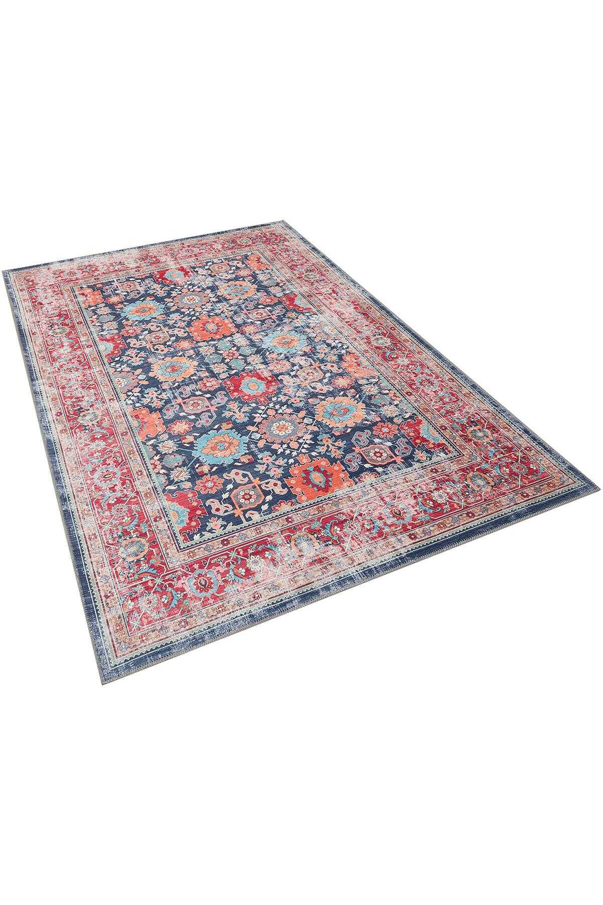 TD1679-00 Lacivert Pembe Çiçekli Yıkanabilir Dijital Baskı Halı — Görsel 3