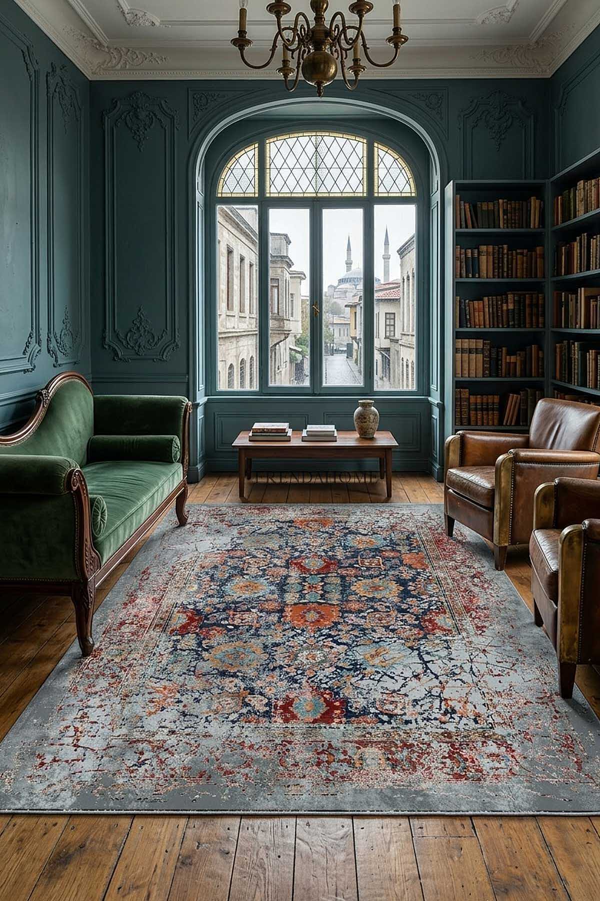 TD1679-02 Gri Mavi Vintage Çiçekli Yıkanabilir Dijital Baskı Halı — Görsel 1