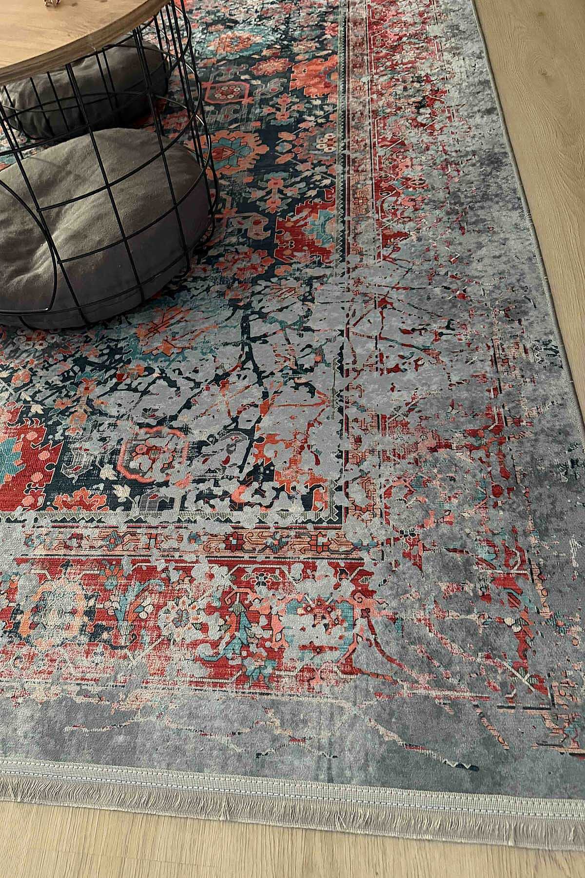 TD1679-02 Gri Mavi Vintage Çiçekli Yıkanabilir Dijital Baskı Halı — Görsel 2