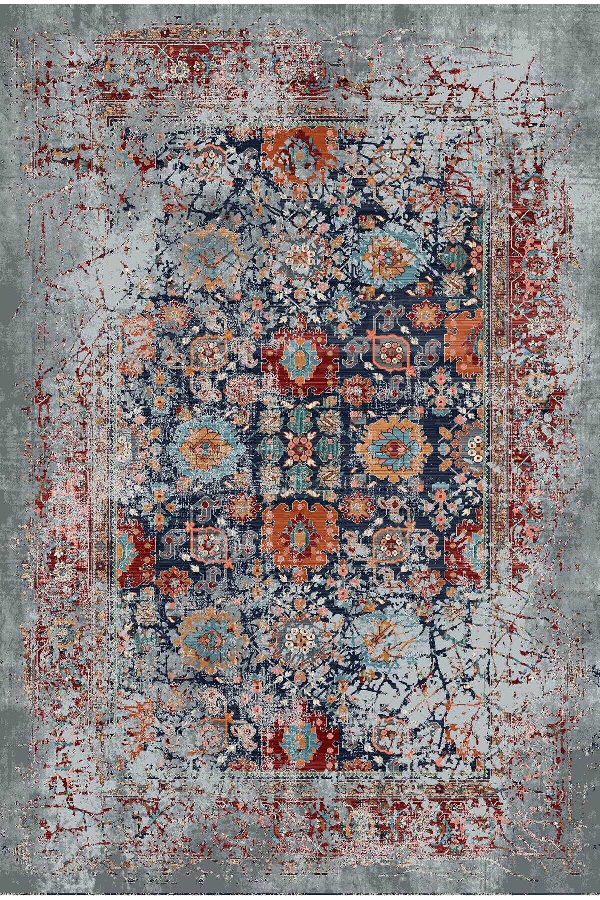 TD1679-02 Gri Mavi Vintage Çiçekli Yıkanabilir Dijital Baskı Halı — Görsel 3