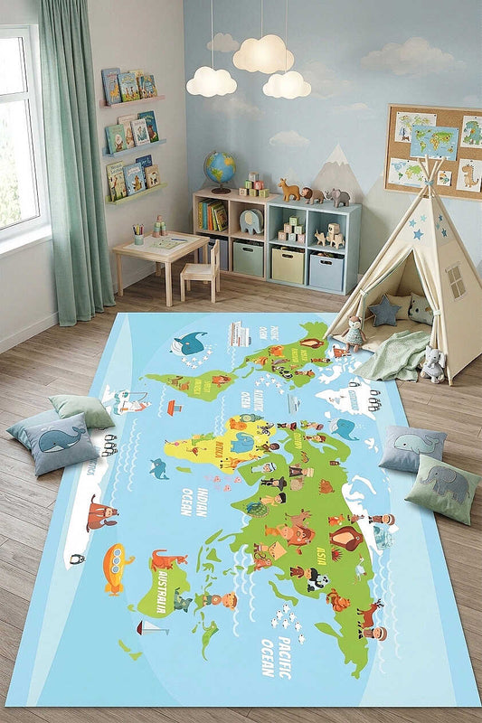 TD1802-02 Pastel Dünya Haritalı Yıkanabilir Dijital Baskı Çocuk Halısı — Görsel 1
