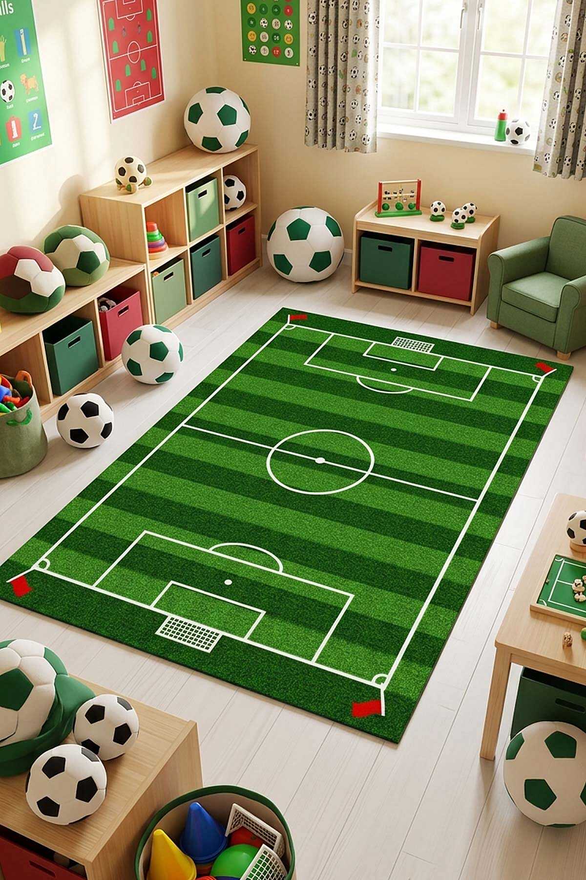 TD2201-00 Yeşil Futbol Sahası Desenli Yıkanabilir Dijital Baskı Çocuk Halısı — Görsel 3