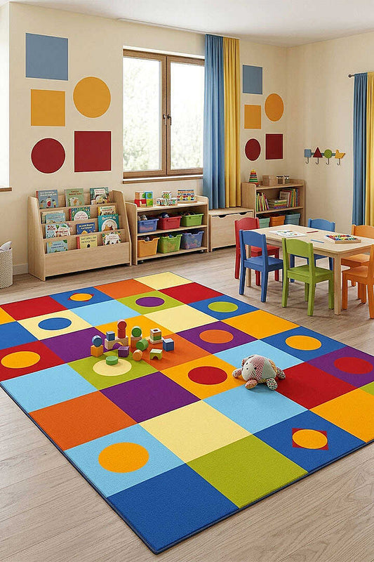 TD2206-00 Renkli Geometrik Şekiller Yıkanabilir Dijital Baskı Çocuk Halısı — Görsel 1