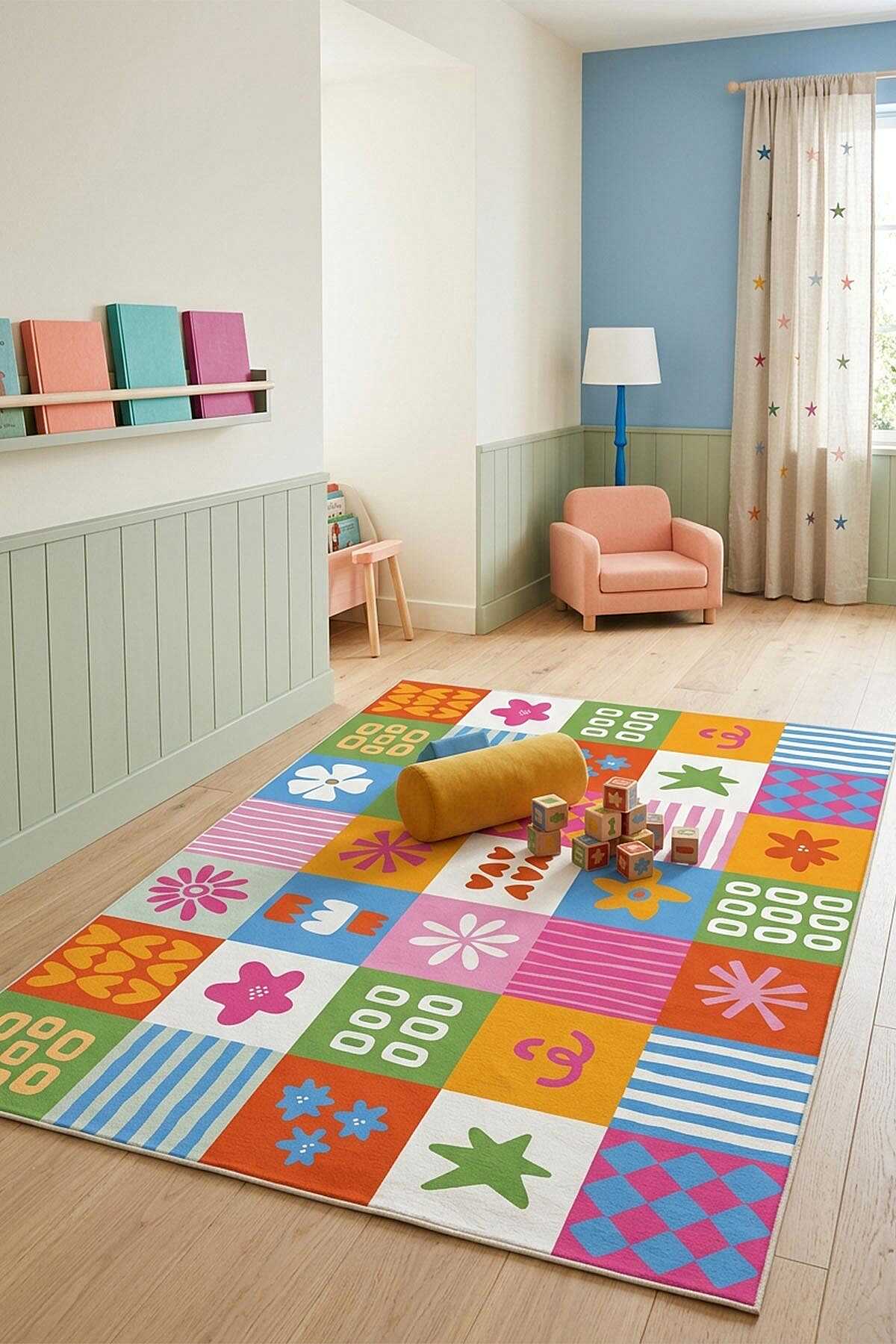 TD2208-00 Renkli Patchwork Çocuk Yıkanabilir Dijital Baskı Çocuk Halısı — Görsel 1