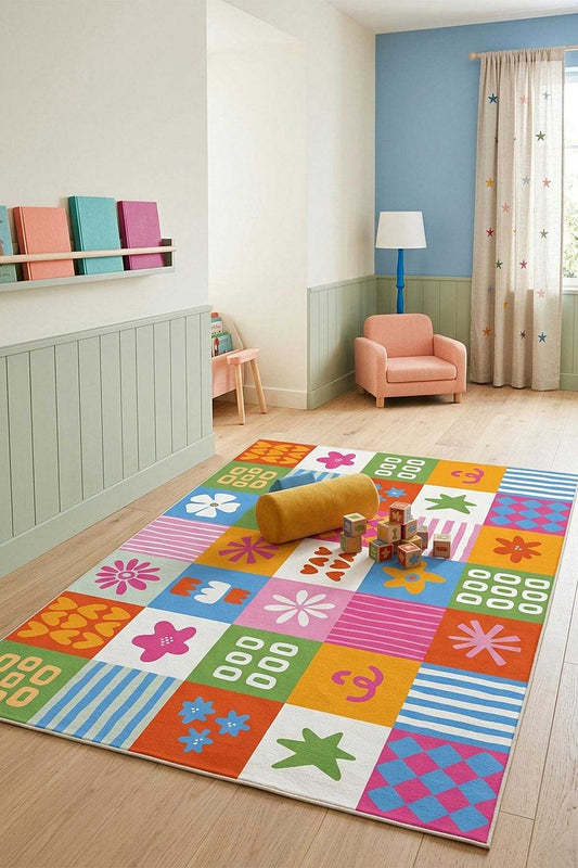 TD2208-00 Renkli Patchwork Çocuk Yıkanabilir Dijital Baskı Çocuk Halısı — Görsel 1
