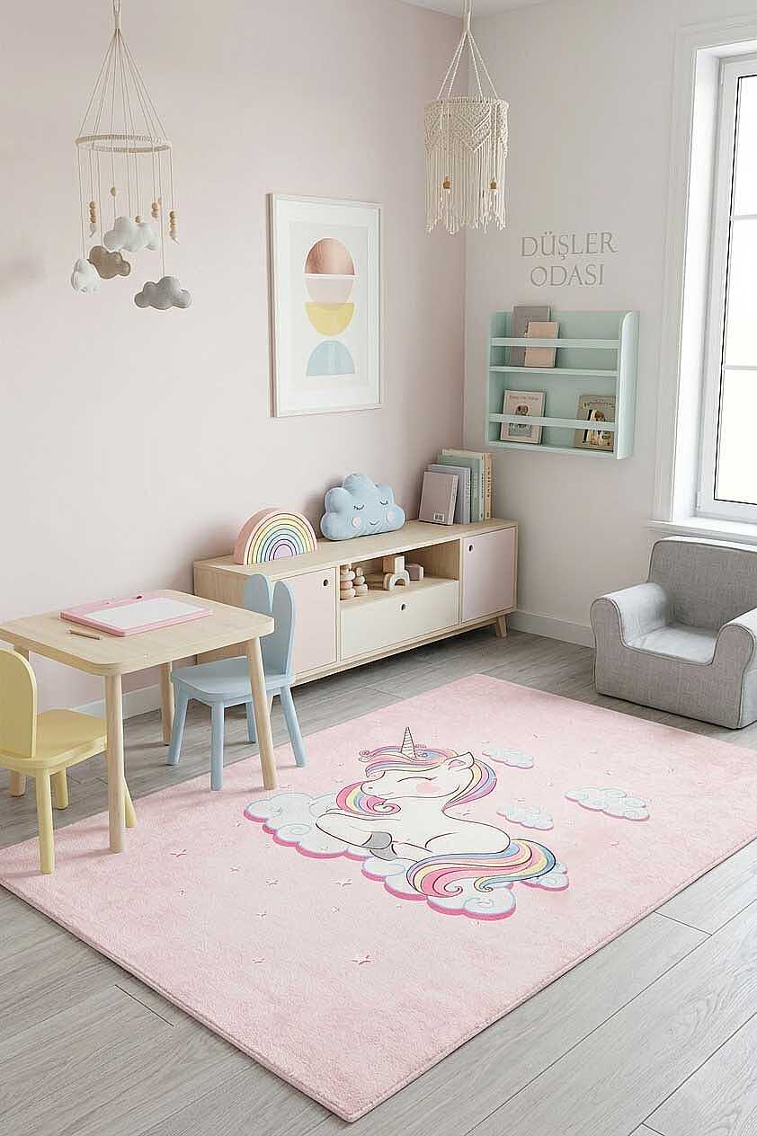 TD594-00 Pembe Unicorn Desenli Yıkanabilir Dijital Baskı Çocuk Halısı — Görsel 1