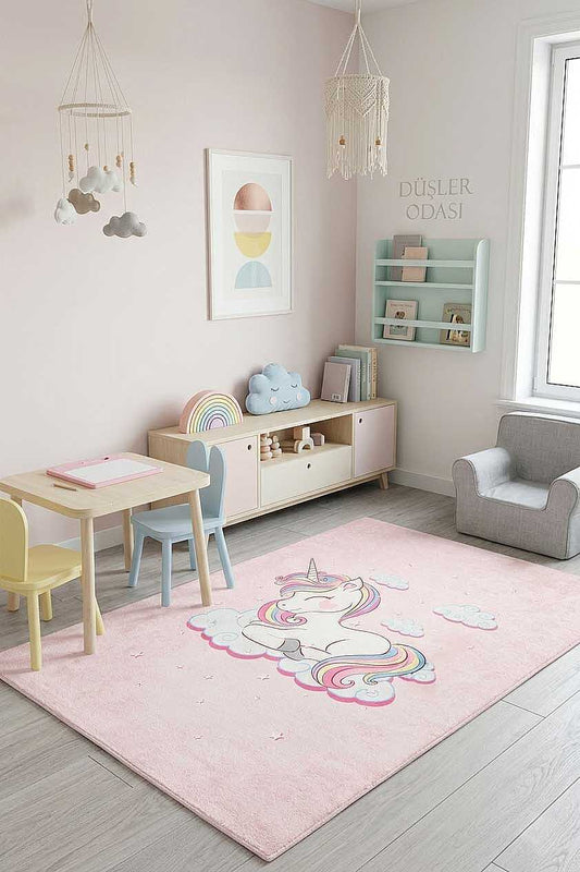 TD594-00 Pembe Unicorn Desenli Yıkanabilir Dijital Baskı Çocuk Halısı — Görsel 1