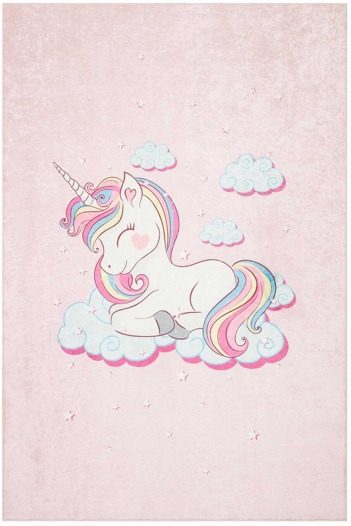 TD594-00 Pembe Unicorn Desenli Yıkanabilir Dijital Baskı Çocuk Halısı — Görsel 2