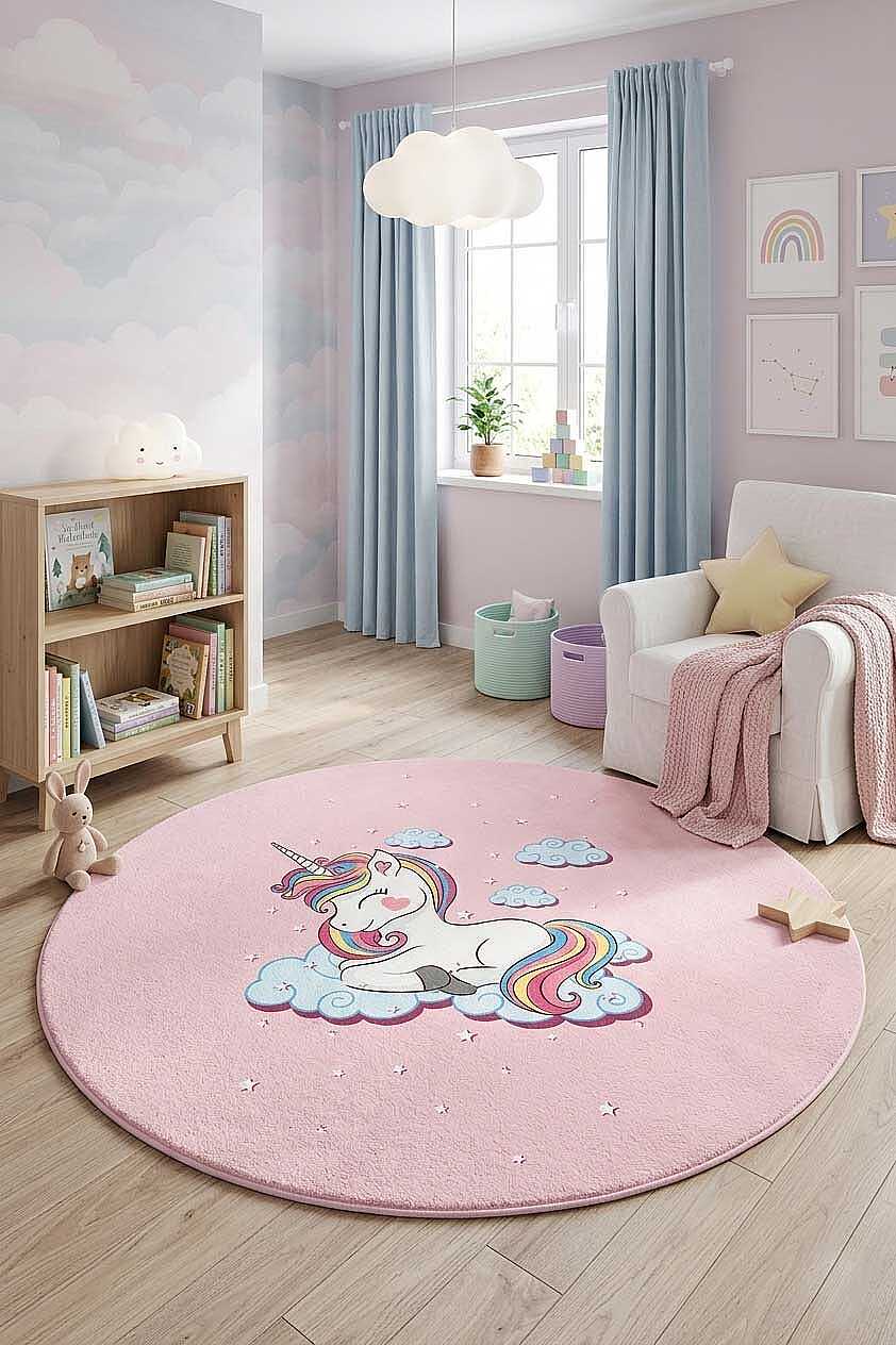 TD594-00-DAIRE Pembe Unicorn Yuvarlak Yıkanabilir Dijital Baskı Çocuk Halısı — Görsel 1