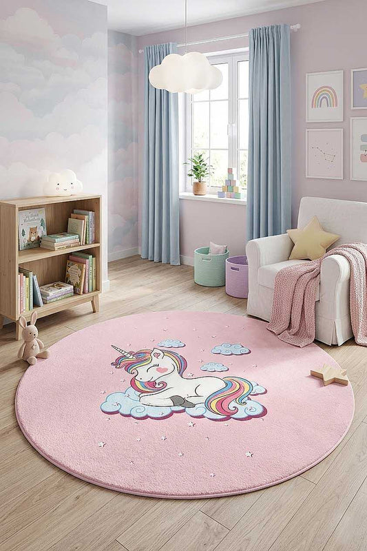 TD594-00-DAIRE Pembe Unicorn Yuvarlak Yıkanabilir Dijital Baskı Çocuk Halısı — Görsel 1