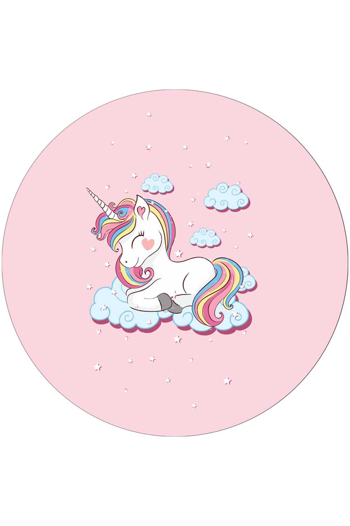TD594-00-DAIRE Pembe Unicorn Yuvarlak Yıkanabilir Dijital Baskı Çocuk Halısı — Görsel 2
