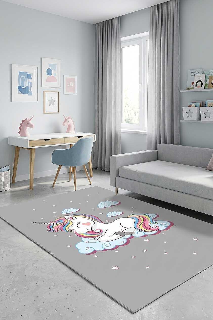 TD594-01 Gri Unicorn Desenli Yıkanabilir Dijital Baskı Çocuk Halısı — Görsel 1