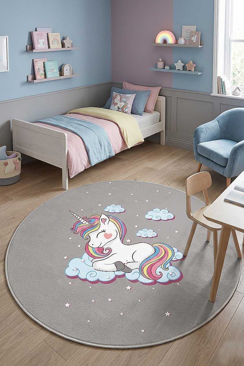 TD594-01-DAIRE Gri Unicorn Yuvarlak Yıkanabilir Dijital Baskı Çocuk Halısı — Görsel 1