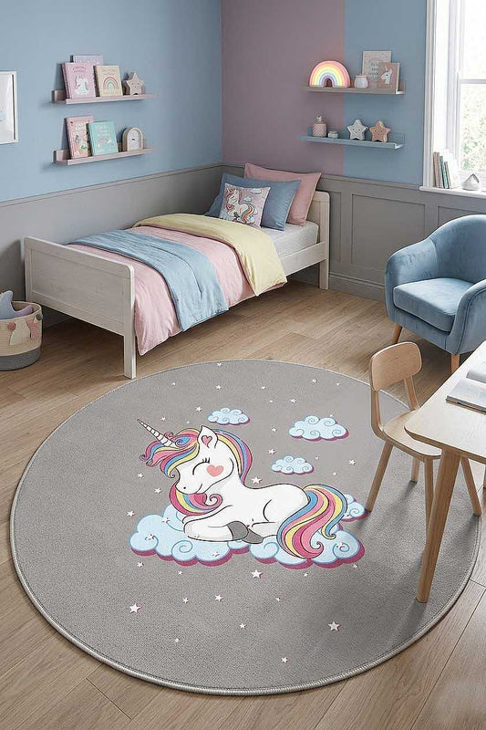 TD594-01-DAIRE Gri Unicorn Yuvarlak Yıkanabilir Dijital Baskı Çocuk Halısı — Görsel 1