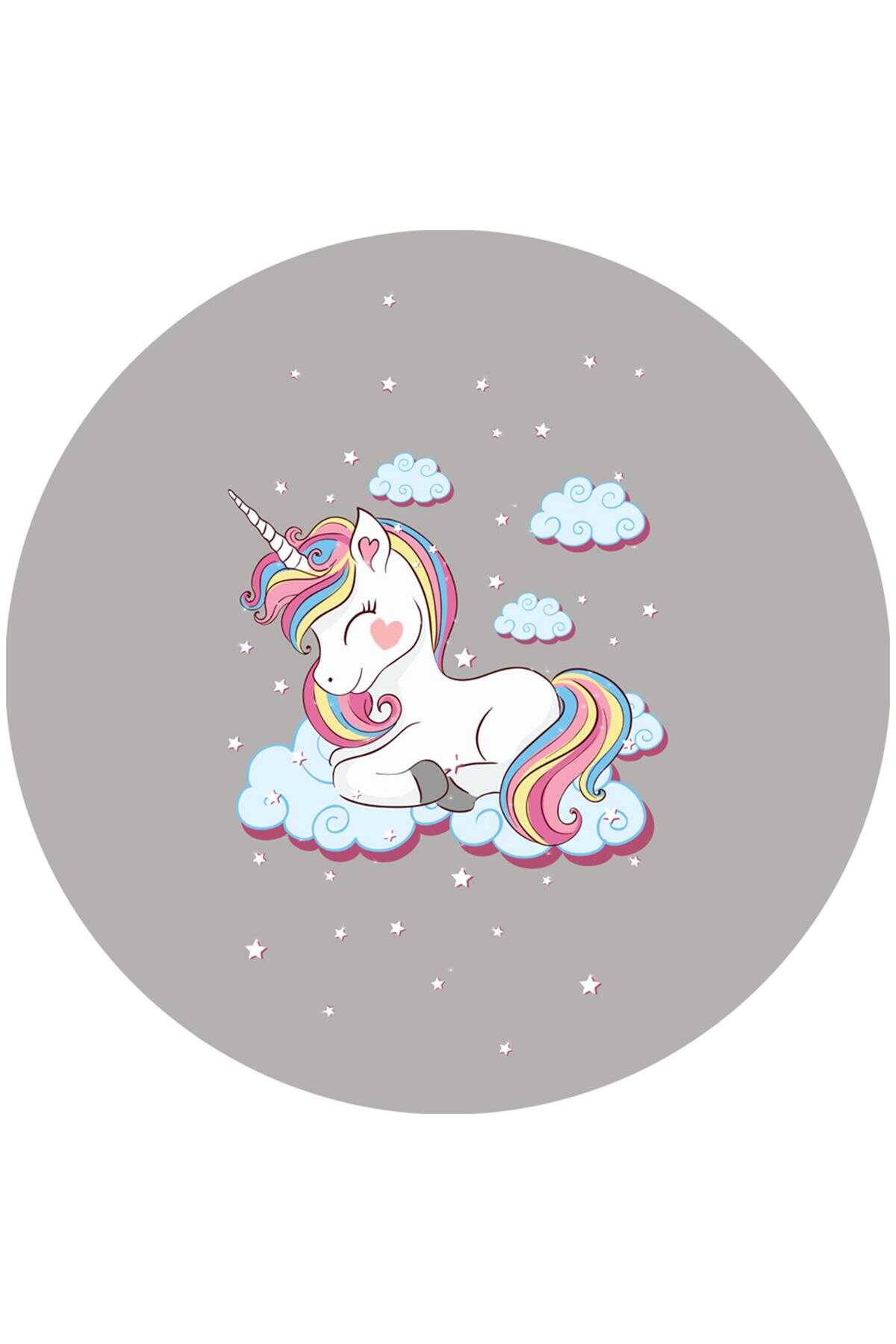 TD594-01-DAIRE Gri Unicorn Yuvarlak Yıkanabilir Dijital Baskı Çocuk Halısı — Görsel 2