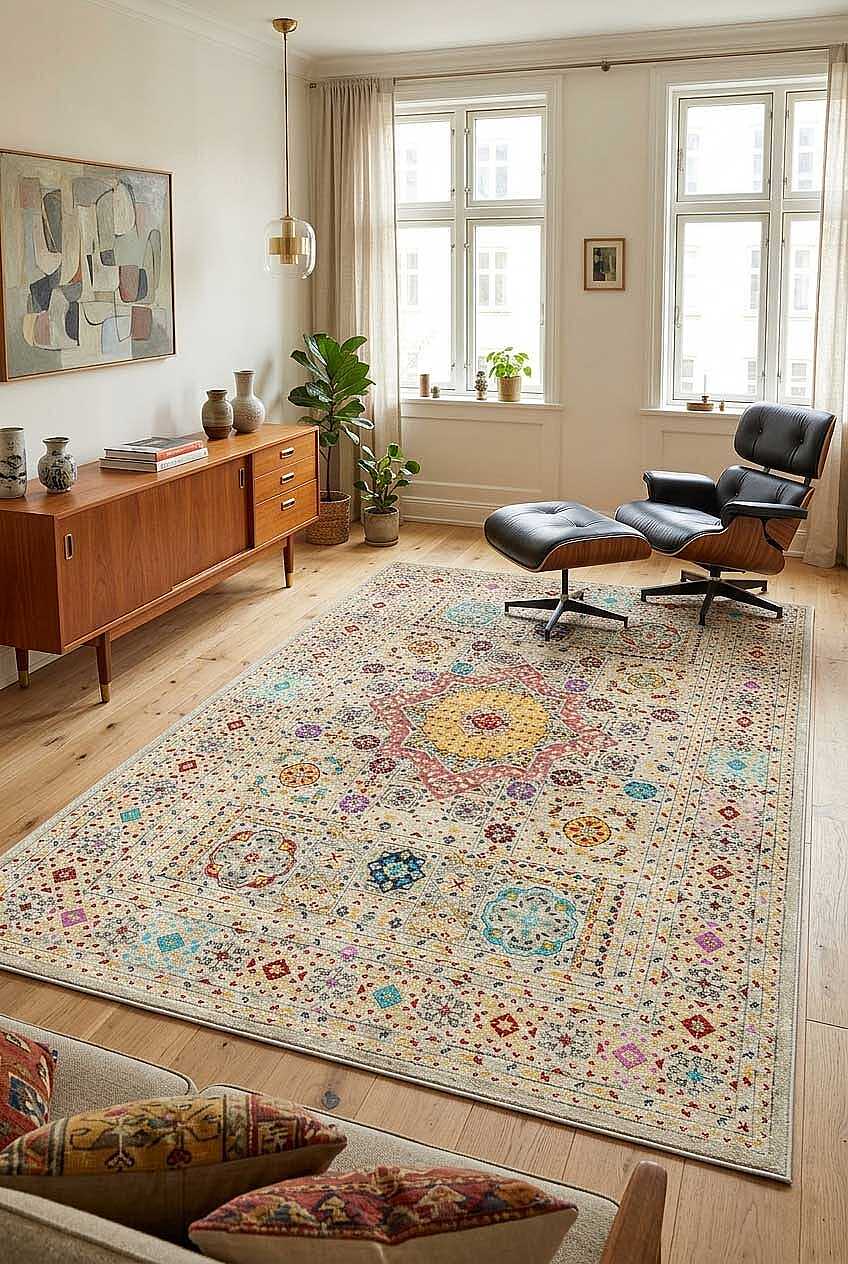 TD598-01 Krem Renkli Floral Yıkanabilir Dijital Baskı Halı — Görsel 1