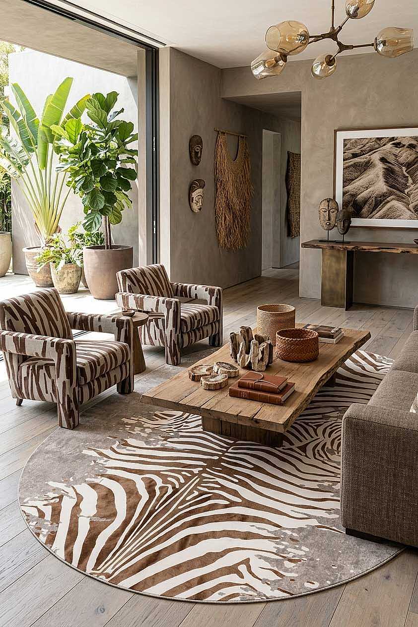 TD612-01 Krem Kahve Zebra Desenli Oval Yıkanabilir Dijital Baskı Halı — Görsel 1