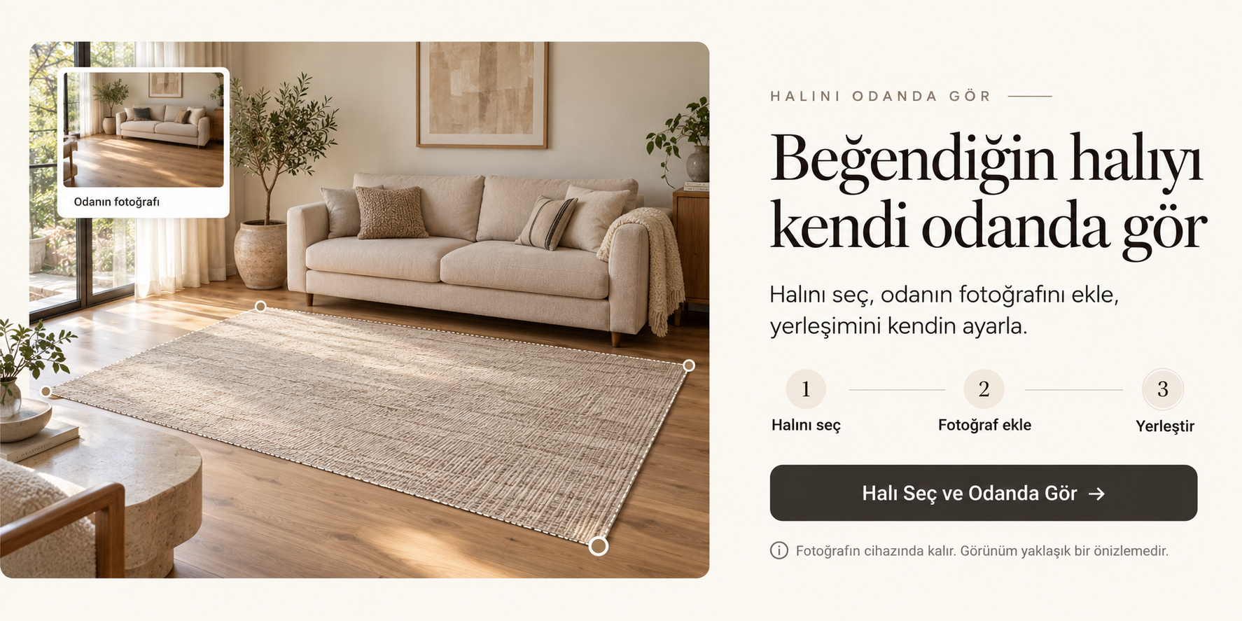 Oda fotoğrafına halı yerleştirme örneği